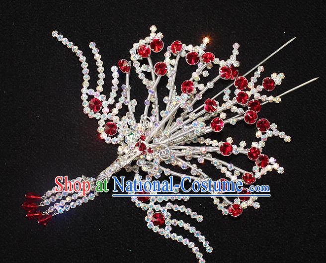 Traditional China Beijing Opera Young Lady Hair Accessories Phoenix Step Shake, Ancient Chinese Peking Opera Hua Tan Headwear Diva Red Crystal Empress Hairpins