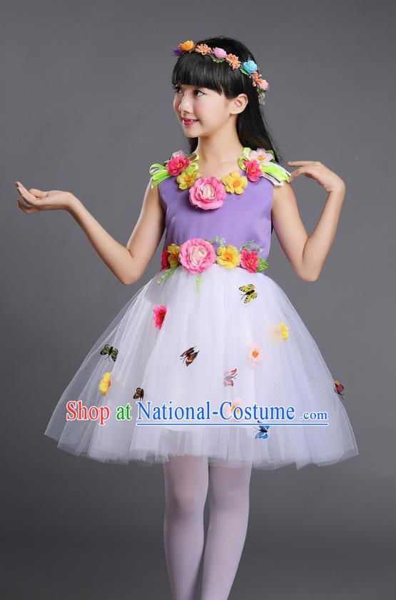 Top Grade Chinese Compere Professional Performance Catwalks Costume, Children Princess Bubble Veil Full Dress Modern Dance Purple Dress for Girls Kids