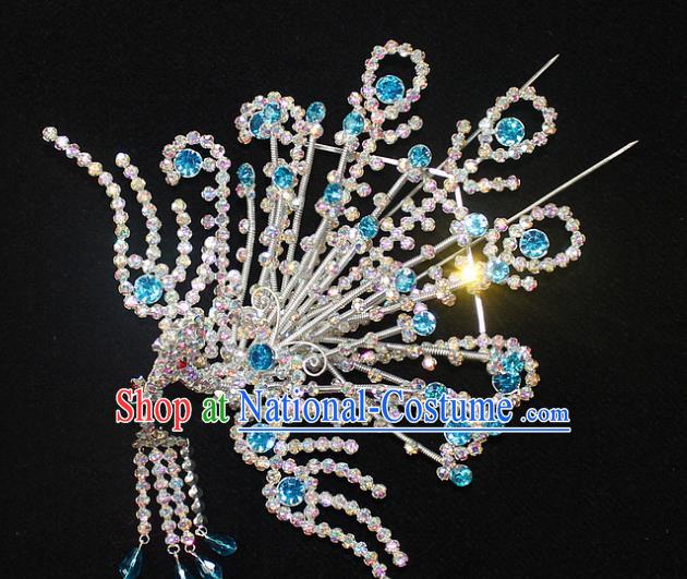 Traditional China Beijing Opera Young Lady Hair Accessories Phoenix Tassel Step Shake, Ancient Chinese Peking Opera Hua Tan Headwear Diva Blue Crystal Empress Hairpins