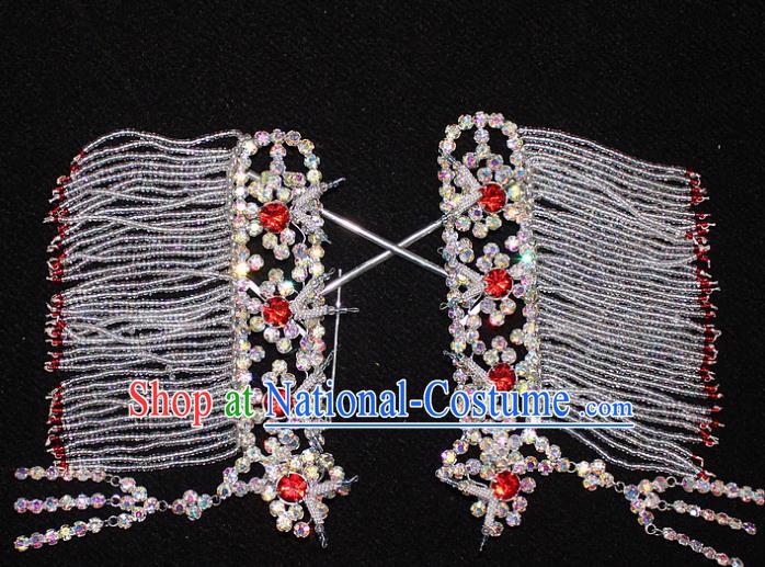 Traditional China Beijing Opera Young Lady Hair Accessories Temples Tassel Step Shake, Ancient Chinese Peking Opera Hua Tan Headwear Diva Red Crystal Empress Hairpins