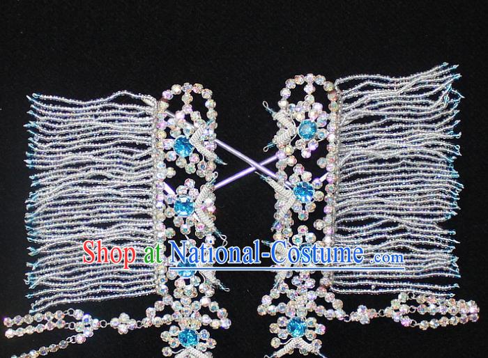 Traditional China Beijing Opera Young Lady Hair Accessories Temples Tassel Step Shake, Ancient Chinese Peking Opera Hua Tan Headwear Diva Blue Crystal Empress Hairpins