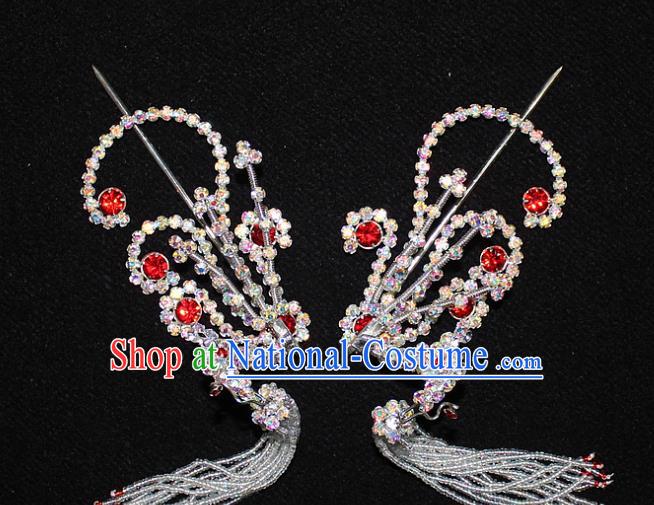 Traditional China Beijing Opera Young Lady Hair Accessories Tassel Step Shake, Ancient Chinese Peking Opera Hua Tan Headwear Diva Red Crystal Empress Phoenix Hairpins