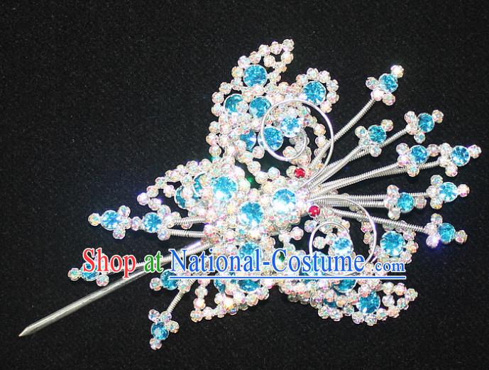 Traditional China Beijing Opera Young Lady Hair Accessories Tassel Step Shake, Ancient Chinese Peking Opera Hua Tan Headwear Diva Blue Crystal Empress Butterfly Hairpins