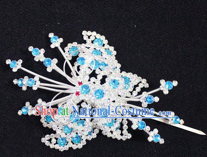 Traditional China Beijing Opera Young Lady Hair Accessories Tassel Step Shake, Ancient Chinese Peking Opera Hua Tan Headwear Diva Blue Crystal Empress Butterfly Hairpins