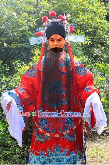 Traditional China Beijing Opera Costume Emperor Son-in-law Embroidered Robe and Headwear Complete Set, Ancient Chinese Peking Opera General Red Gwanbok Clothing