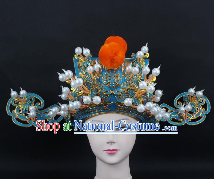 Traditional China Beijing Opera God of Wealth Hat, Ancient Chinese Peking Opera Men Headwear Prime Minister Hat