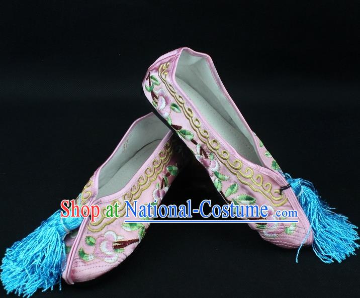 Traditional China Beijing Opera Hua Tan Embroidered Pink Shoes, Ancient Chinese Peking Opera Young Lady Diva Princess Blood Stained Shoes