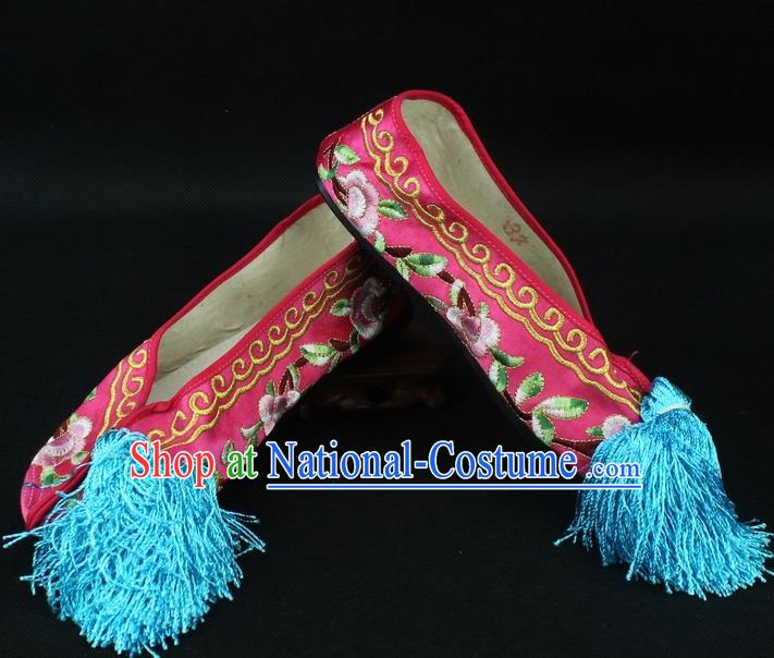 Traditional China Beijing Opera Hua Tan Embroidered Red Shoes, Ancient Chinese Peking Opera Young Lady Diva Princess Blood Stained Shoes