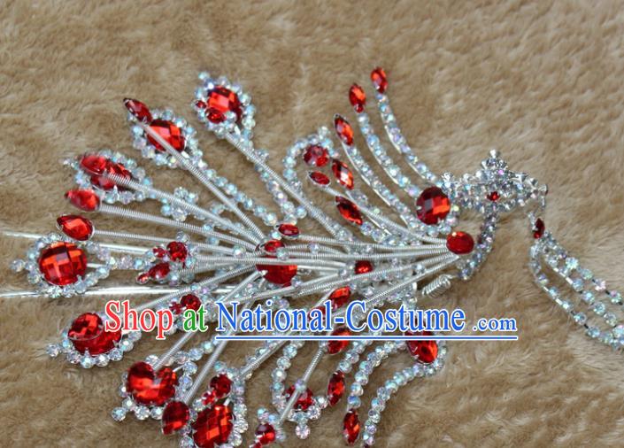 Traditional China Beijing Opera Young Lady Hair Accessories Red Crystal Phoenix Step Shake, Ancient Chinese Peking Opera Hua Tan Headwear Diva Hairpins