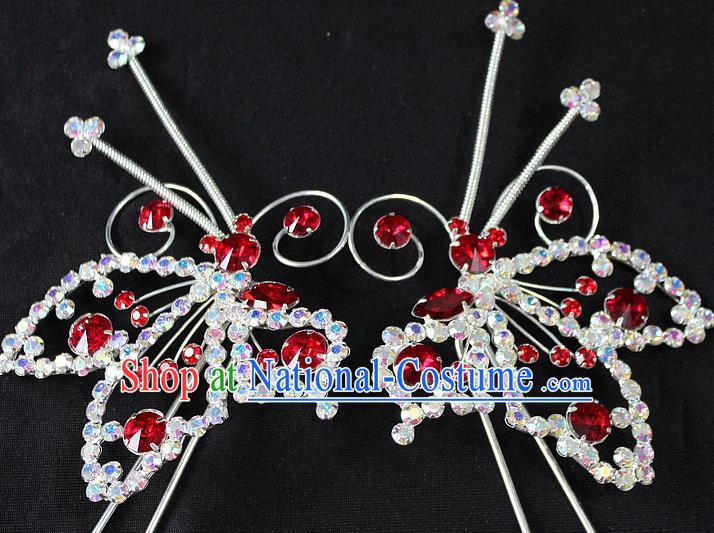 Traditional China Beijing Opera Young Lady Hair Accessories, Ancient Chinese Peking Opera Hua Tan Diva Red Crystal Butterfly Hairpins