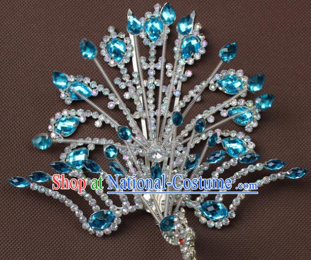 Traditional China Beijing Opera Young Lady Hair Accessories Blue Crystal Phoenix Step Shake, Ancient Chinese Peking Opera Hua Tan Headwear Diva Hairpins