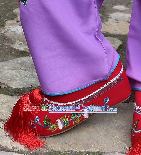 Traditional China Beijing Opera Hua Tan Embroidered Shoes, Ancient Chinese Peking Opera Young Lady Diva Princess Red Blood Stained Shoes