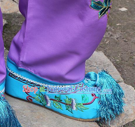 Traditional China Beijing Opera Hua Tan Embroidered Shoes, Ancient Chinese Peking Opera Young Lady Diva Princess Blue Blood Stained Shoes