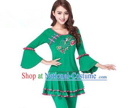 Traditional Chinese Classical Dance Yangge Fan Dance Green Embroidery Costume, Folk Dance Drum Dance Clothing Yangko Uniform for Women