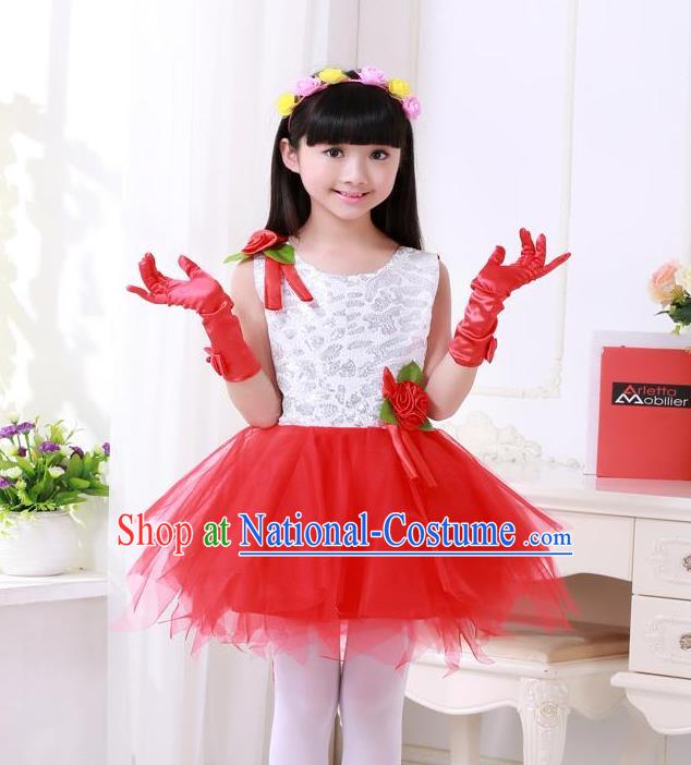 Top Grade Chinese Compere Professional Performance Catwalks Costume, Children Princess Red Veil Bubble Full Dress Modern Dance Dress for Girls Kids