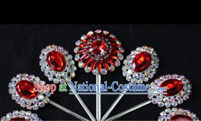 Traditional China Beijing Opera Young Lady Hair Accessories, Ancient Chinese Peking Opera Hua Tan Headwear Diva Red Crystal Hairpins