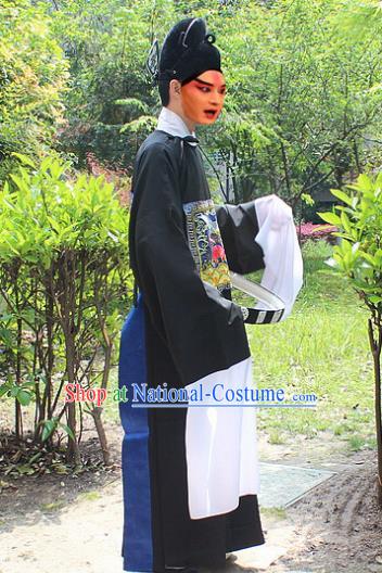 Traditional China Beijing Opera Niche Costume Lang Scholar Black Embroidered Robe and Headwear, Ancient Chinese Peking Opera Embroidery Magistrate Gwanbok Clothing