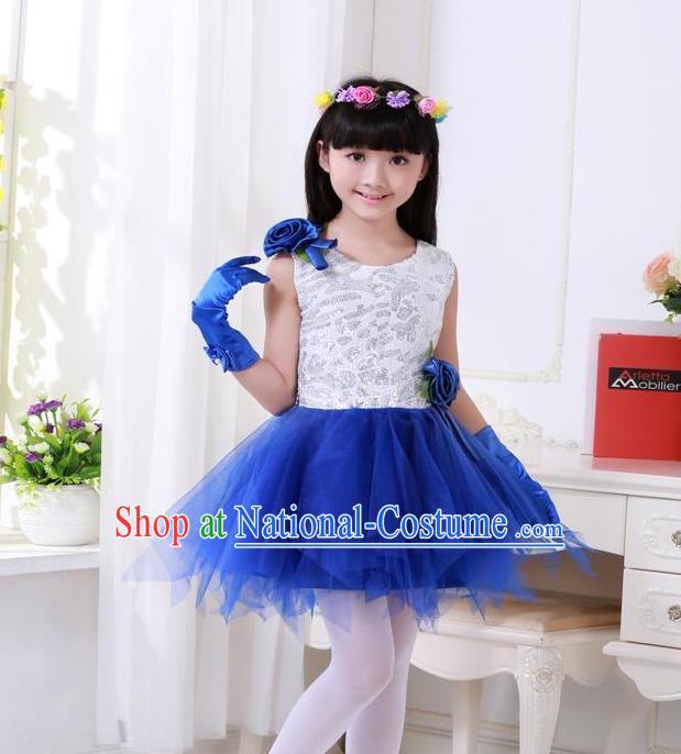 Top Grade Chinese Compere Professional Performance Catwalks Costume, Children Princess Blue Veil Bubble Full Dress Modern Dance Dress for Girls Kids