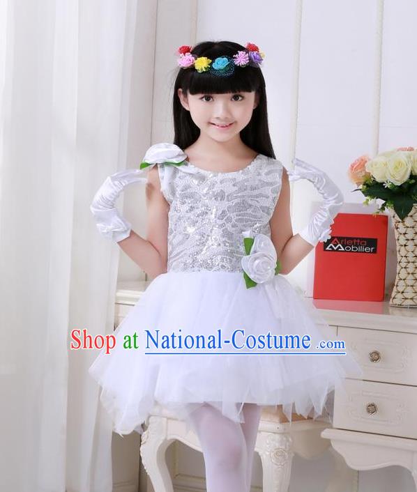 Top Grade Chinese Compere Professional Performance Catwalks Costume, Children Princess White Veil Bubble Full Dress Modern Dance Dress for Girls Kids