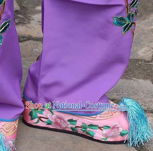 Traditional China Beijing Opera Hua Tan Embroidered Pink Shoes, Ancient Chinese Peking Opera Young Lady Diva Princess Embroidery Blood Stained Shoes