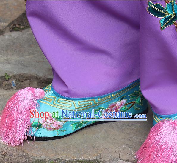 Traditional China Beijing Opera Hua Tan Embroidered Light Blue Shoes, Ancient Chinese Peking Opera Young Lady Diva Princess Embroidery Blood Stained Shoes