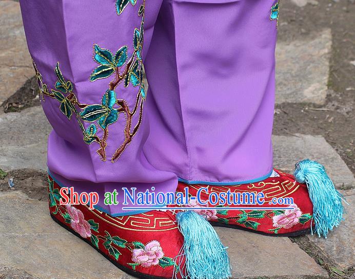 Traditional China Beijing Opera Hua Tan Embroidered Red Shoes, Ancient Chinese Peking Opera Young Lady Diva Princess Embroidery Blood Stained Shoes