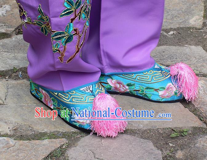 Traditional China Beijing Opera Hua Tan Embroidered Blue Shoes, Ancient Chinese Peking Opera Young Lady Diva Princess Embroidery Blood Stained Shoes