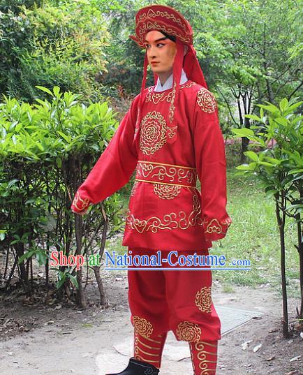 Traditional China Beijing Opera Costume Swordsman Takefu Embroidered Red Uniform and Headwear, Ancient Chinese Peking Opera Embroidery Warrior Clothing