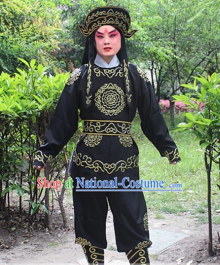 Traditional China Beijing Opera Costume Swordsman Takefu Embroidered Black Uniform and Headwear, Ancient Chinese Peking Opera Embroidery Warrior Clothing