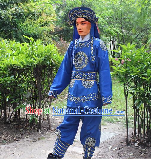 Traditional China Beijing Opera Costume Swordsman Takefu Embroidered Blue Uniform and Headwear, Ancient Chinese Peking Opera Embroidery Warrior Clothing