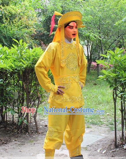 Traditional China Beijing Opera Costume Swordsman Takefu Embroidered Yellow Uniform and Headwear, Ancient Chinese Peking Opera Embroidery Warrior Clothing