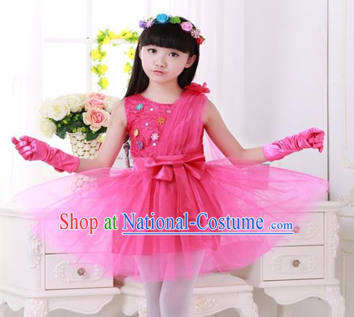 Top Grade Chinese Compere Professional Performance Catwalks Costume, Children Princess Rosy Veil Bubble Dress Modern Dance Dress for Girls Kids