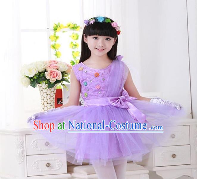 Top Grade Chinese Compere Professional Performance Catwalks Costume, Children Princess Purple Veil Bubble Dress Modern Dance Dress for Girls Kids