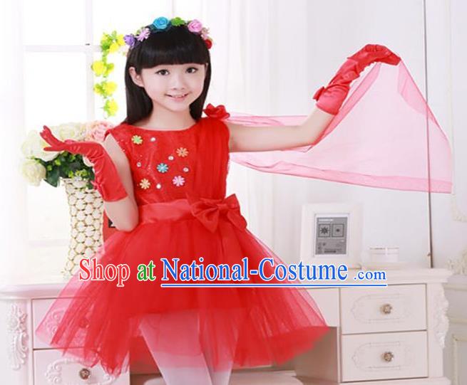 Top Grade Chinese Compere Professional Performance Catwalks Costume, Children Princess Red Veil Bubble Dress Modern Dance Dress for Girls Kids