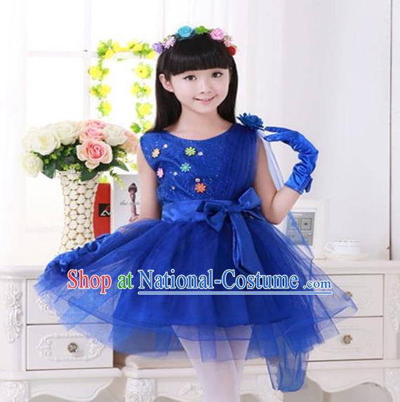 Top Grade Chinese Compere Professional Performance Catwalks Costume, Children Princess Deep Blue Veil Bubble Dress Modern Dance Dress for Girls Kids