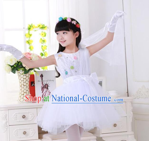 Top Grade Chinese Compere Professional Performance Catwalks Costume, Children Princess White Veil Bubble Dress Modern Dance Dress for Girls Kids