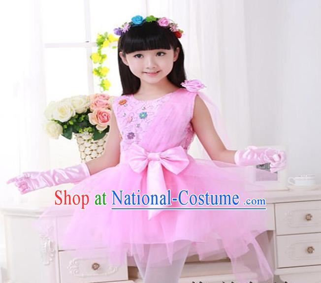 Top Grade Chinese Compere Professional Performance Catwalks Costume, Children Princess Pink Veil Bubble Dress Modern Dance Dress for Girls Kids