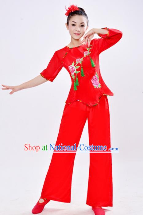 Traditional Chinese Classical Dance Yangge Fan Dance Embroidery Peony Costume, Folk Dance Drum Dance Clothing Yangko Uniform for Women