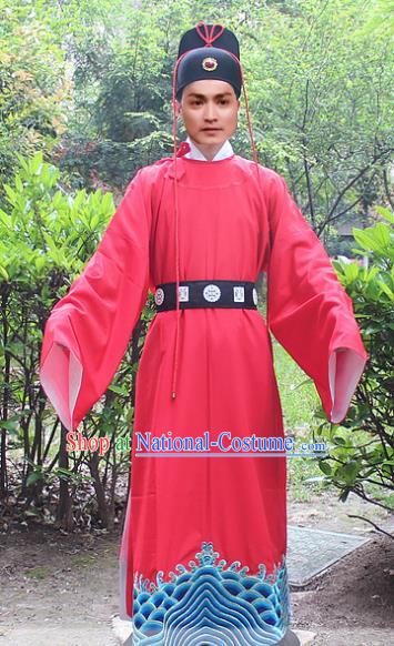 Traditional China Beijing Opera Niche Costume Zhan Zhao Imperial Bodyguard Robe and Headwear, Ancient Chinese Peking Opera Embroidery Red Gwanbok Clothing