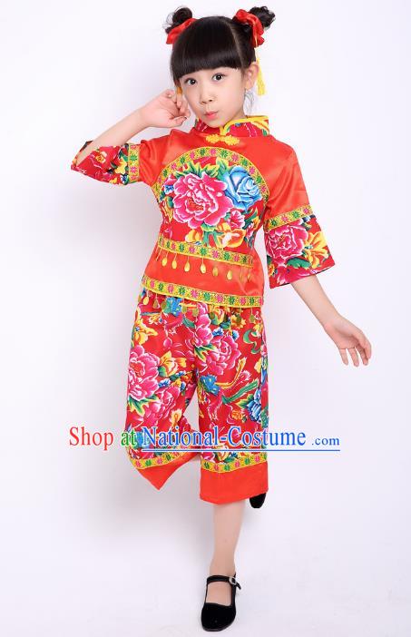 Traditional Chinese Classical Dance Yangge Fan Dance Printing Peony Red Costume, Folk Dance Waist Drum Dance Clothing Yangko Uniform for Kids