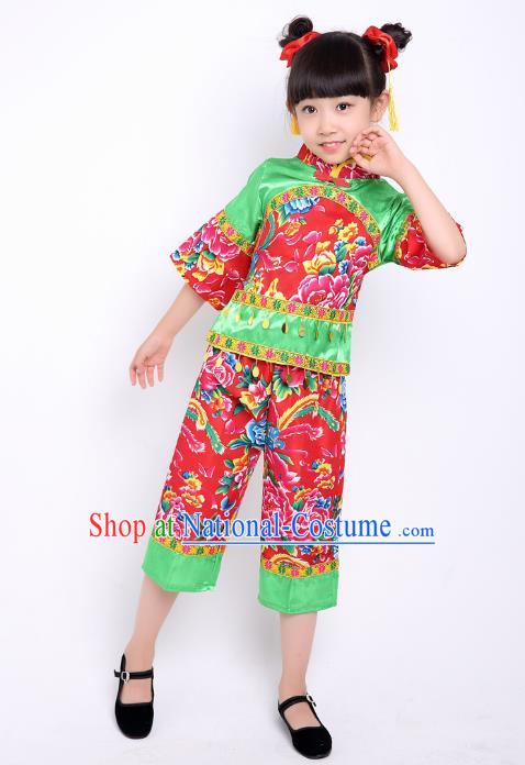 Traditional Chinese Classical Dance Yangge Fan Dance Printing Peony Green Costume, Folk Dance Waist Drum Dance Clothing Yangko Uniform for Kids