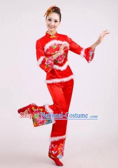 Traditional Chinese Classical Dance Yangge Fan Dance Embroidery Peony Red Costume, Folk Dance Waist Drum Dance Clothing Yangko Uniform for Women