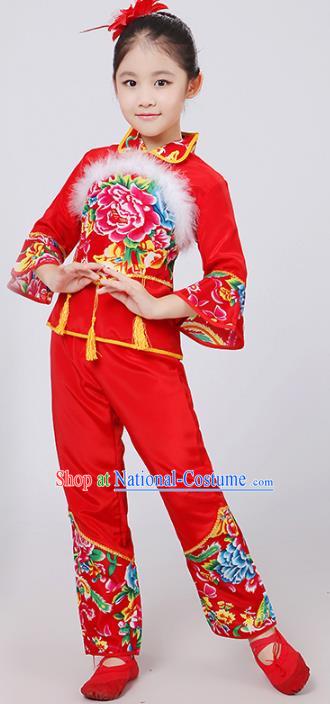 Traditional Chinese Classical Dance Yangge Fan Dance Printing Peony Red Costume, Folk Dance Waist Drum Dance Clothing Yangko Uniform for Kids