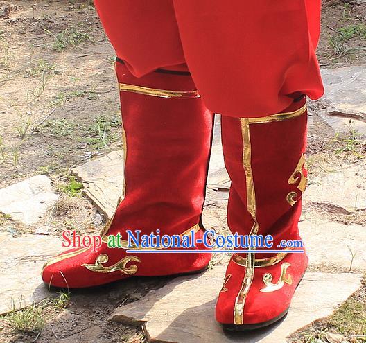 Traditional China Beijing Opera Warrior Embroidered Shoes, Ancient Chinese Peking Opera Soldier Takefu Red Boots