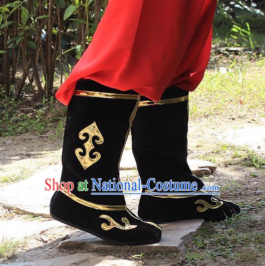 Traditional China Beijing Opera Warrior Embroidered Shoes, Ancient Chinese Peking Opera Soldier Takefu Black Boots