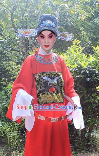 Traditional China Beijing Opera Niche Costume Lang Scholar Red Embroidered Robe and Headwear, Ancient Chinese Peking Opera Embroidery Magistrate Gwanbok Clothing