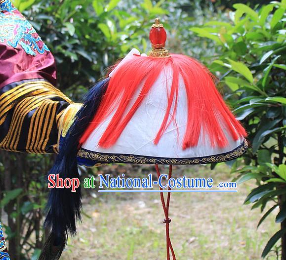 Traditional China Beijing Opera Officer Minister Hat, Ancient Chinese Peking Opera Qing Dynasty Manchu Eunuch Headwear Flowers Ling