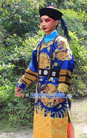 Traditional China Beijing Opera Niche Costume Qing Dynasty Eunuch Embroidered Robe and Hat, Ancient Chinese Peking Opera Manchu Royal Highness Embroidery Blue Gwanbok Clothing