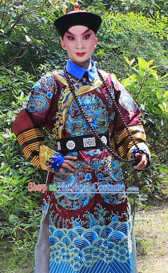 Traditional China Beijing Opera Niche Costume Qing Dynasty Eunuch Embroidered Robe and Hat, Ancient Chinese Peking Opera Manchu Royal Highness Embroidery Purple Gwanbok Clothing