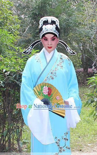 Traditional China Beijing Opera Niche Costume Lang Scholar Embroidered Robe and Headwear, Ancient Chinese Peking Opera Embroidery Blue Gwanbok Clothing